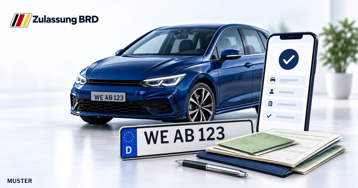 Online Fahrzeugzulassung in Weimar: Musterkennzeichen WE AB 123, Auto und Fahrzeugpapiere und Smartphone. Illustration mit Logo von Zulassung BRD.